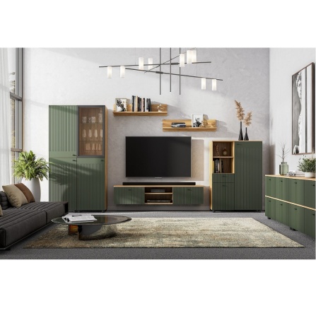 Шкаф-пенал со стеклом Милан, олива софт